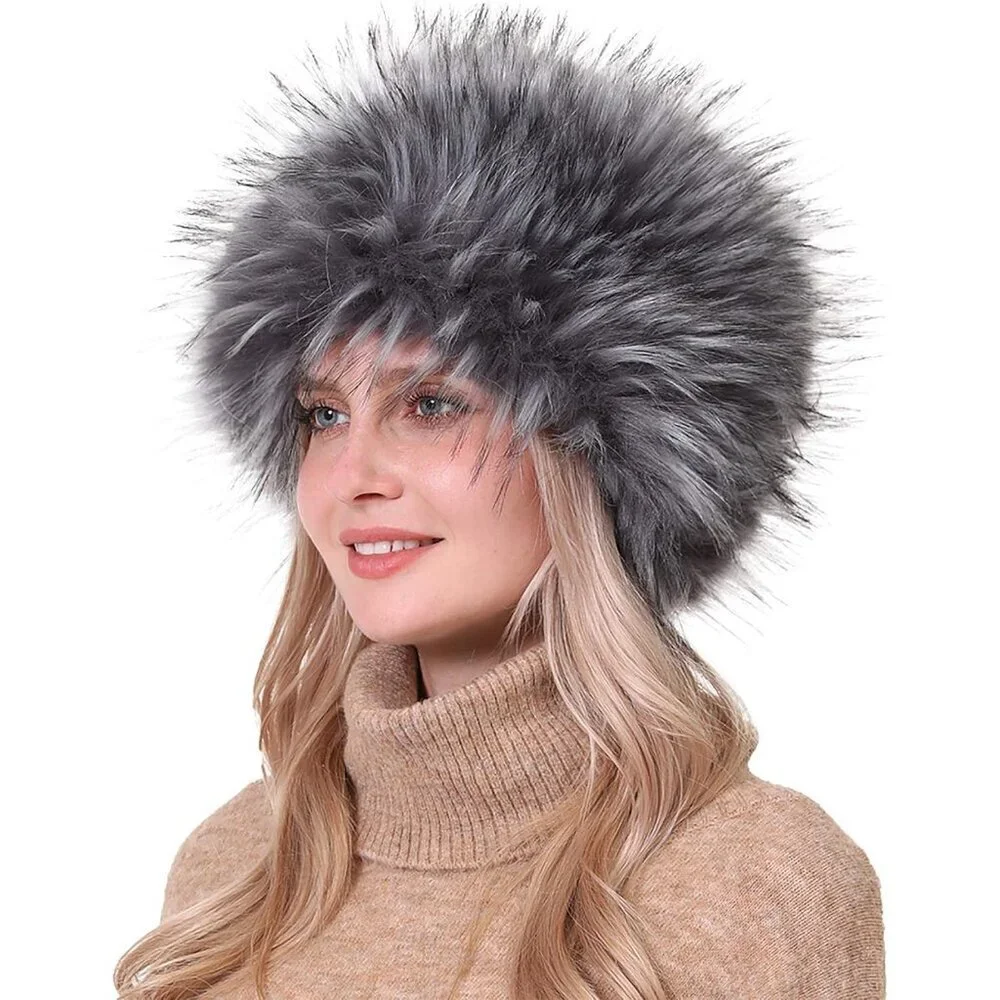 Women Grey With Tips Warm Winter Hat Faux Fur Russian Cossack Style